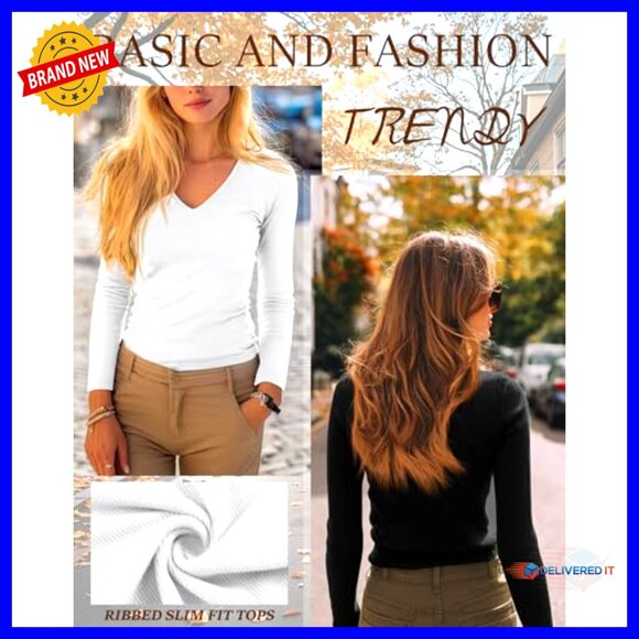 Long Sleeve V Neck T-Shirts Cotton Slim Fit Layering Basic Tees Casual - Picture 2 of 7